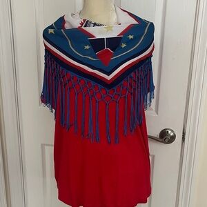 Red and Blue Fringed scarf attached to Women's Red Blouse